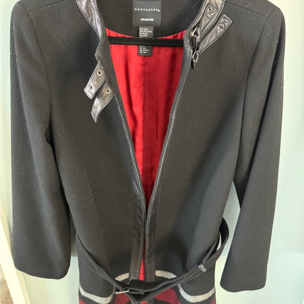 Doncaster Black Dress Coat with Red Lining and black leather accents